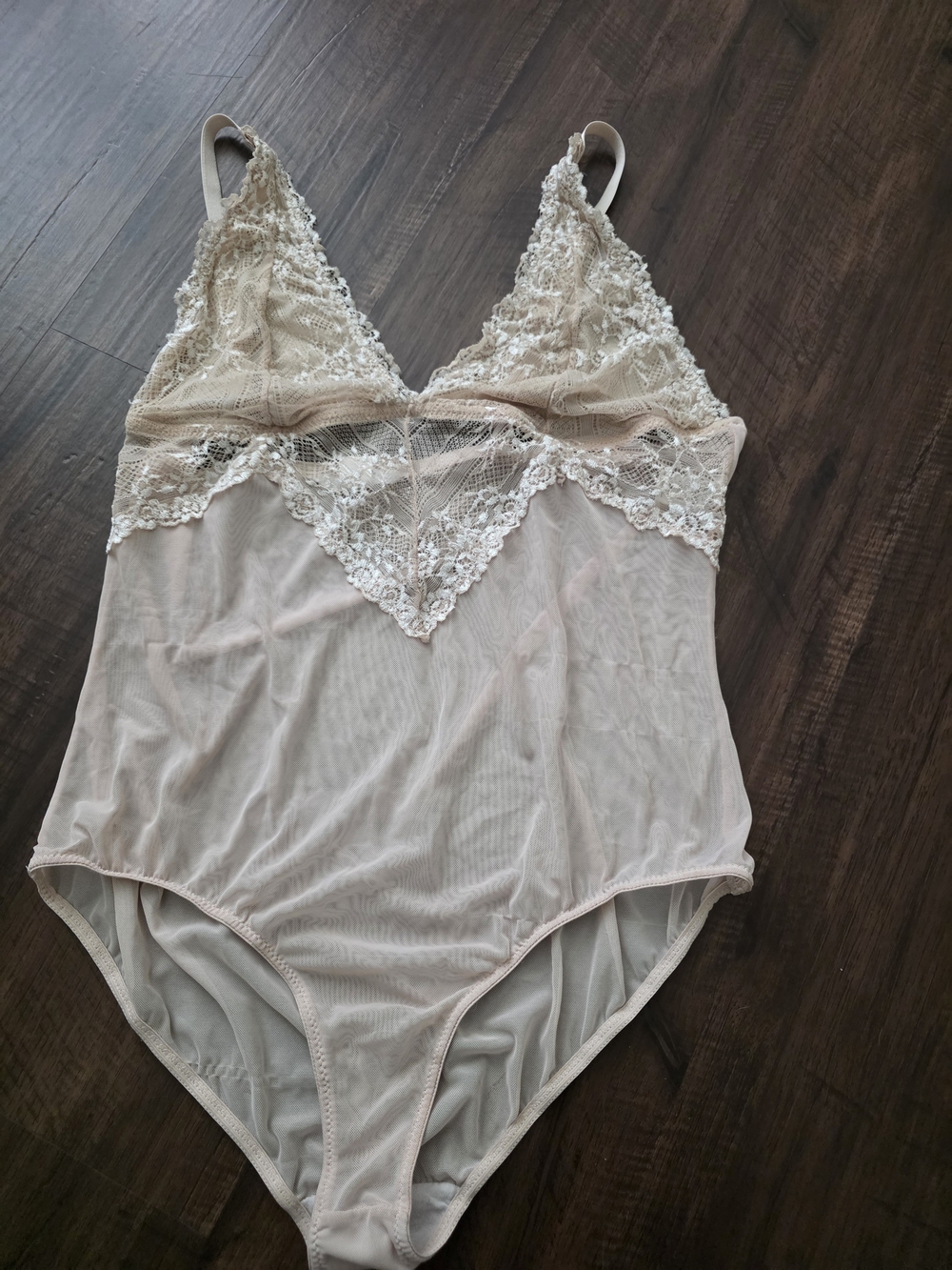 Flora Nikrooz Sheer Lace-Trim Bodysuit in Light Beige